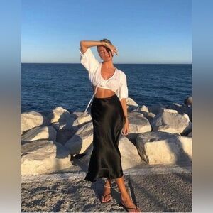 Black Satin Slip Skirt Midi A-Line High Waisted Minimal Chic Y2K